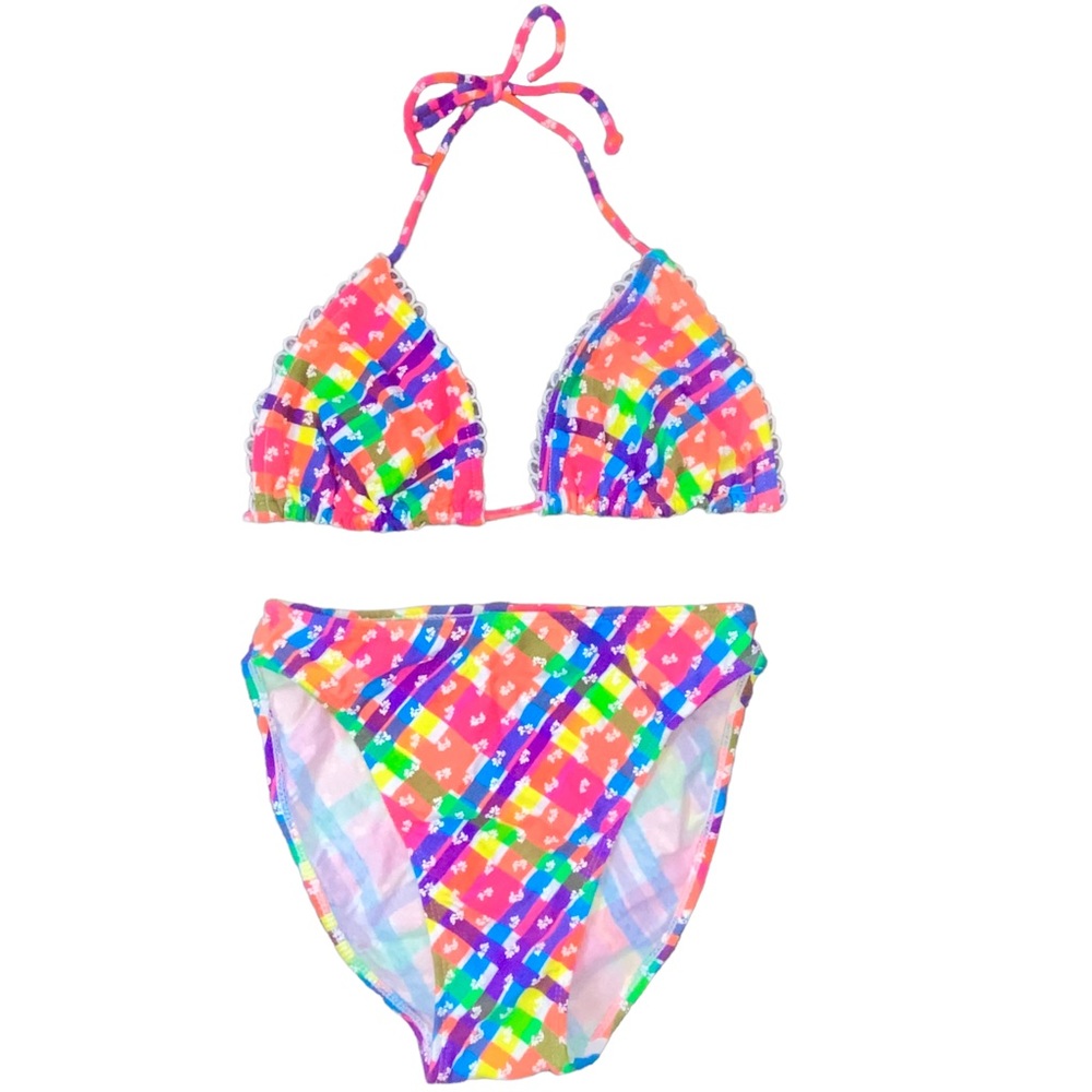 M VTG Paris Sports Club 90s Rainbow Plaid Neon Bright Colorful Bikini Swimsuit